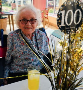Avril celebrating her birthday at Foxholes Care Home